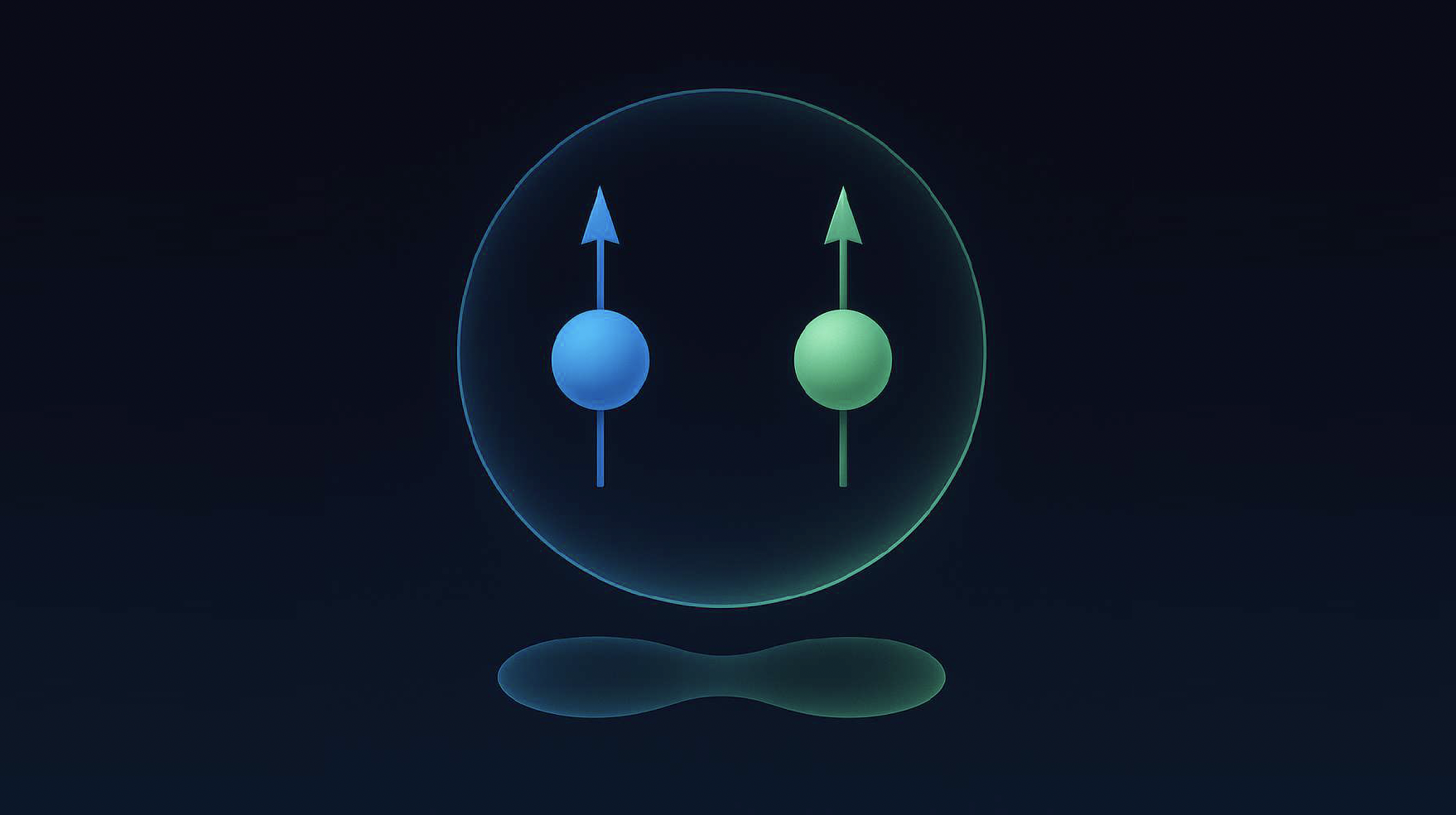 The alt text for the image is a simplistic digital design depicting two attracting particles contained within a circular b...